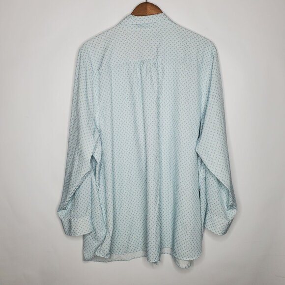 Lands End Womens Light Blue Geometric Button Front Blouse Pockets Career Stretch - Picture 2 of 9